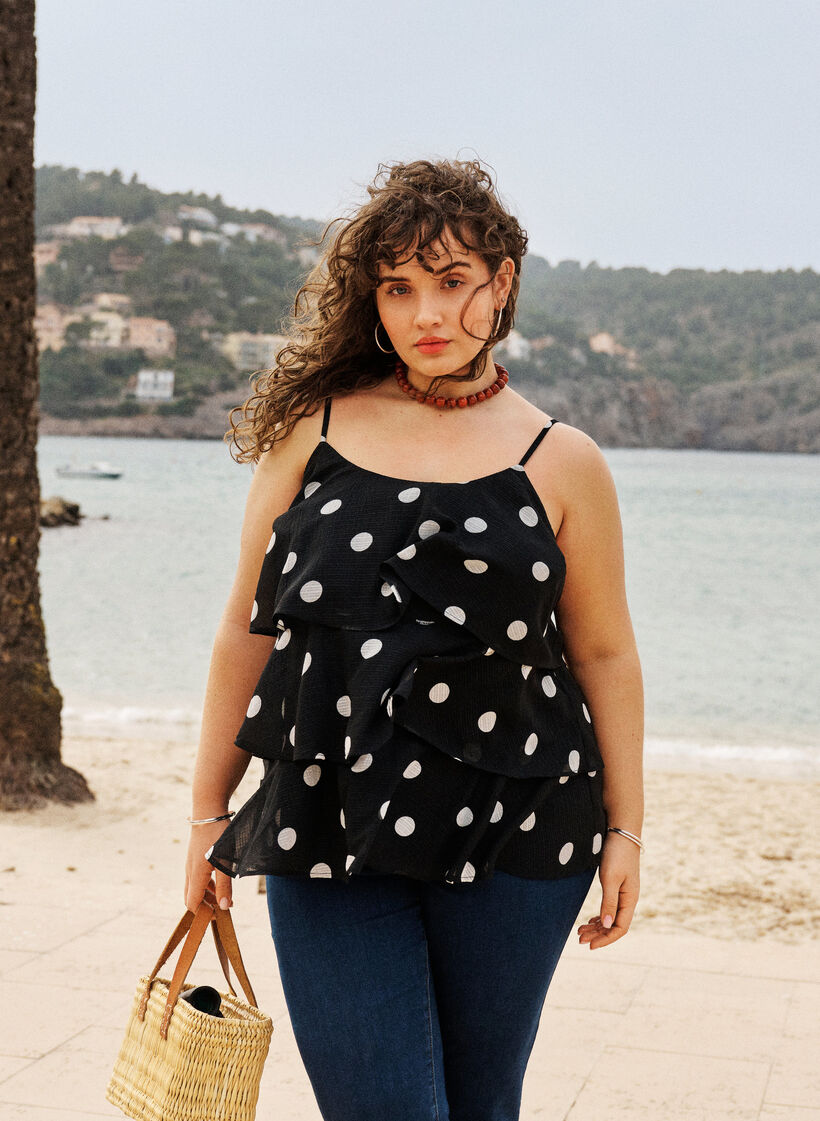 Lagen-Top mit R&uuml;schen und Spaghettitr&auml;gern, Schwarz, Image image number 0