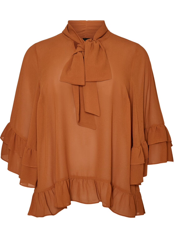 Bluse mit Bindeband und R&uuml;schendetails, Braun, Packshot image number 0