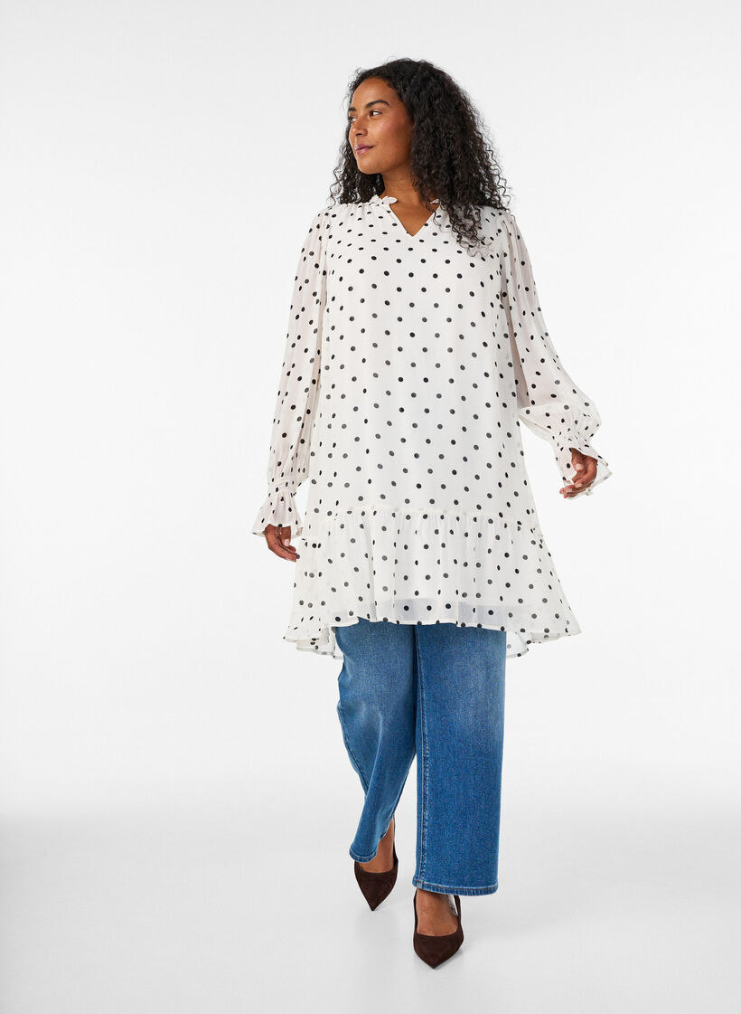 Kleid aus Viskose mit R&uuml;schen und transparenten &Auml;rmeln, Wei&szlig;, Model image number 1