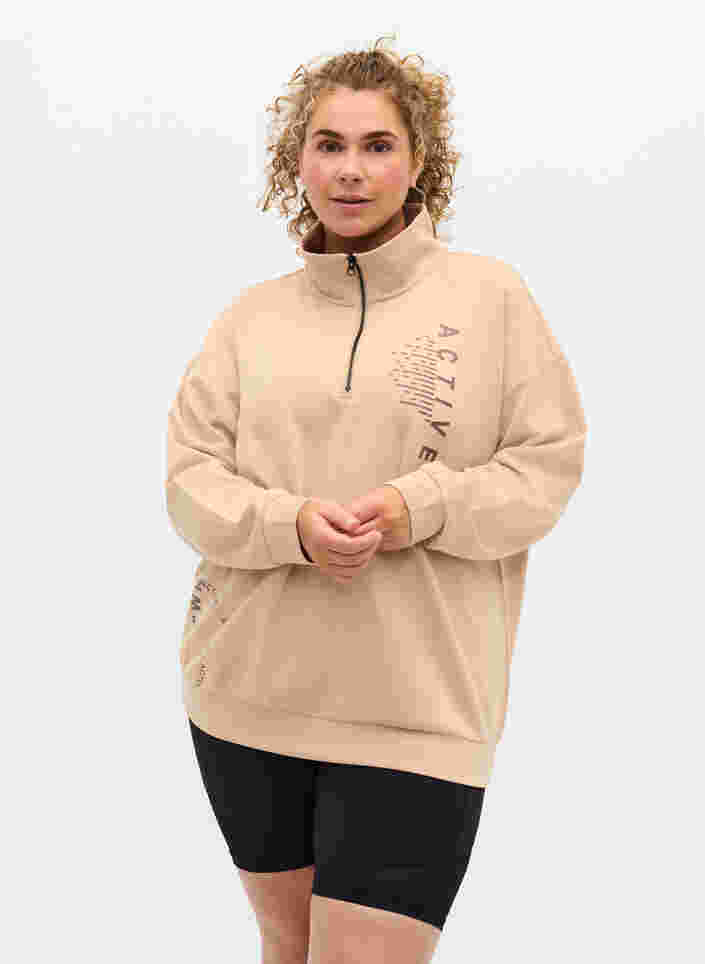 Hochgeschlossenes Sweatshirt mit Reißverschluss, Oatmeal, Model image number 0