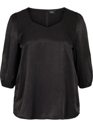 Bluse mit A-Linie, V-Ausschnitt und 3/4-Ärmeln, Black, Packshot image number 0