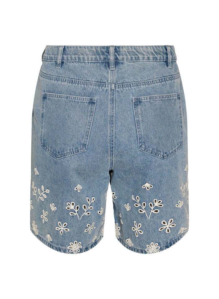 Jeansshorts mit Lochstickerei und hoher Taille, Blau, Packshot image number 1