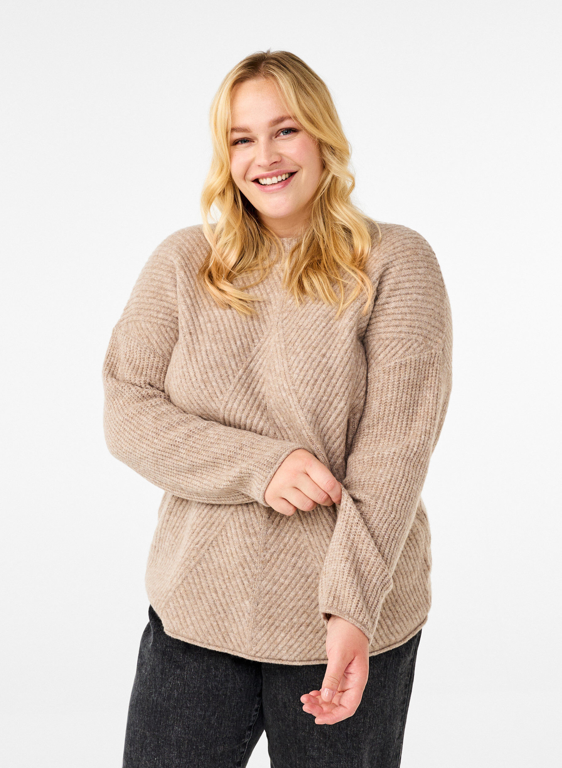 Zizzi Pullover mit Streifenmuster und langen &Auml;rmeln, Simply Taupe Mel., Model image number 0