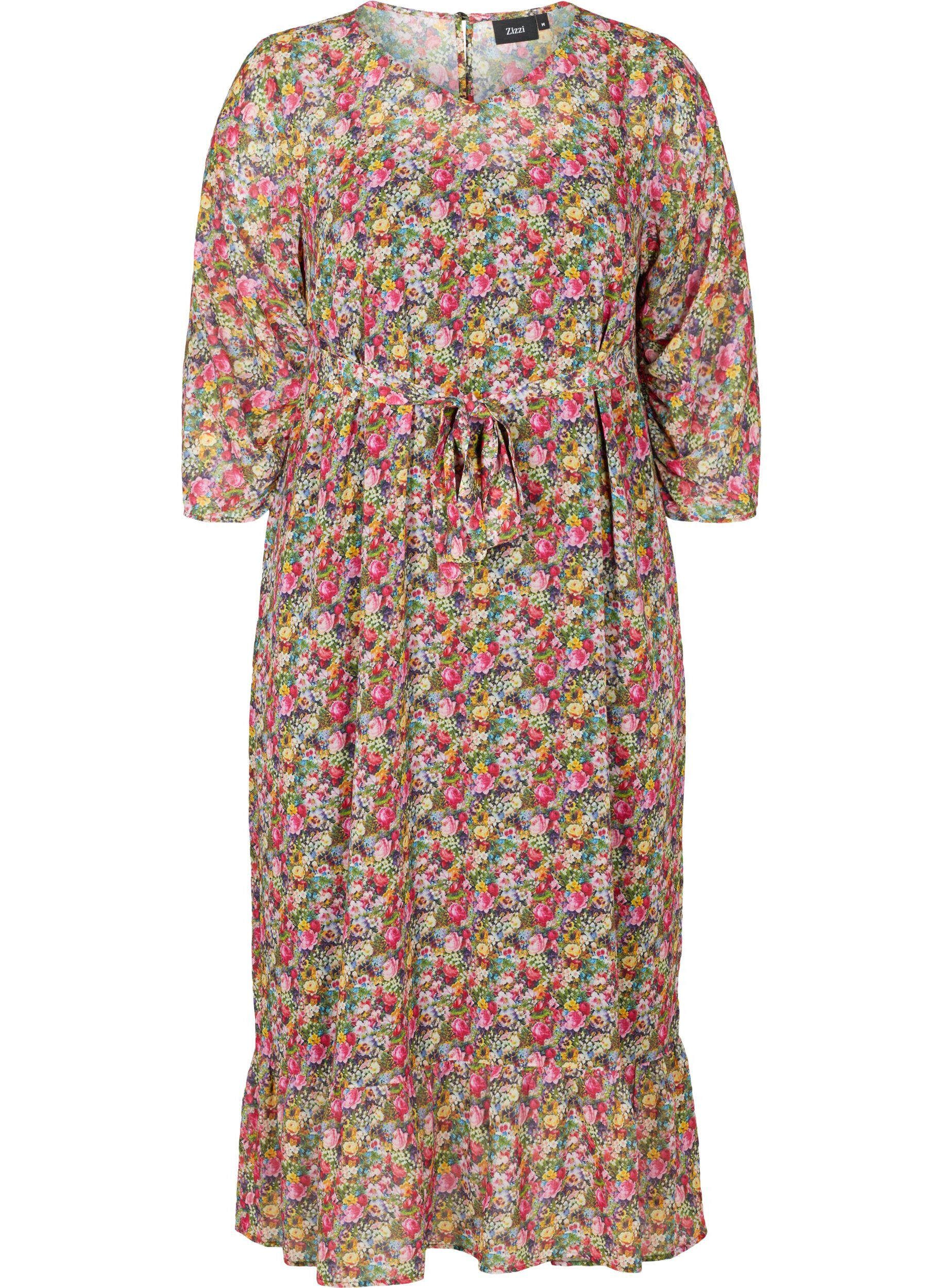 Zizzi Midikleid mit Blumenprint und Bindeband an der Taille, Pink Flower AOP, Packshot image number 0