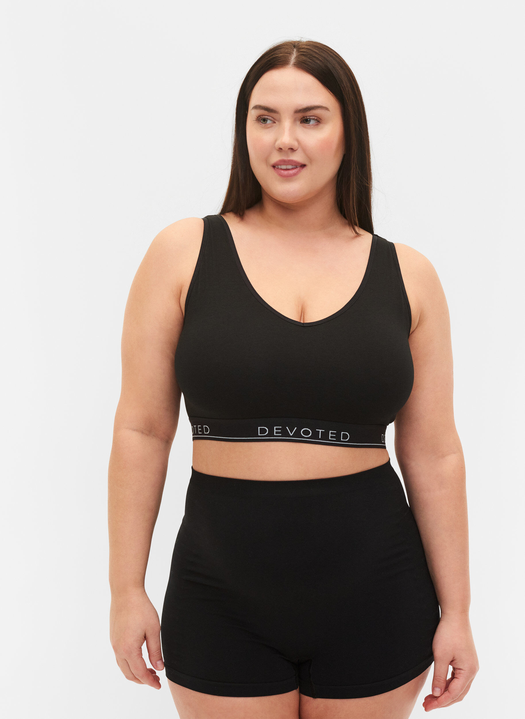 Zizzi Unwattierter Baumwoll-BH mit Textdruck, Black/Upper Font, Model image number 2