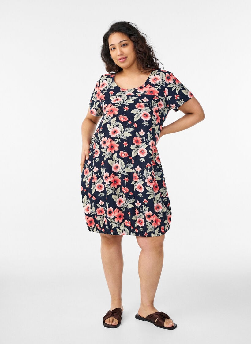 Kurz&auml;rmliges Baumwollkleid mit Print, Blau, Model image number 1