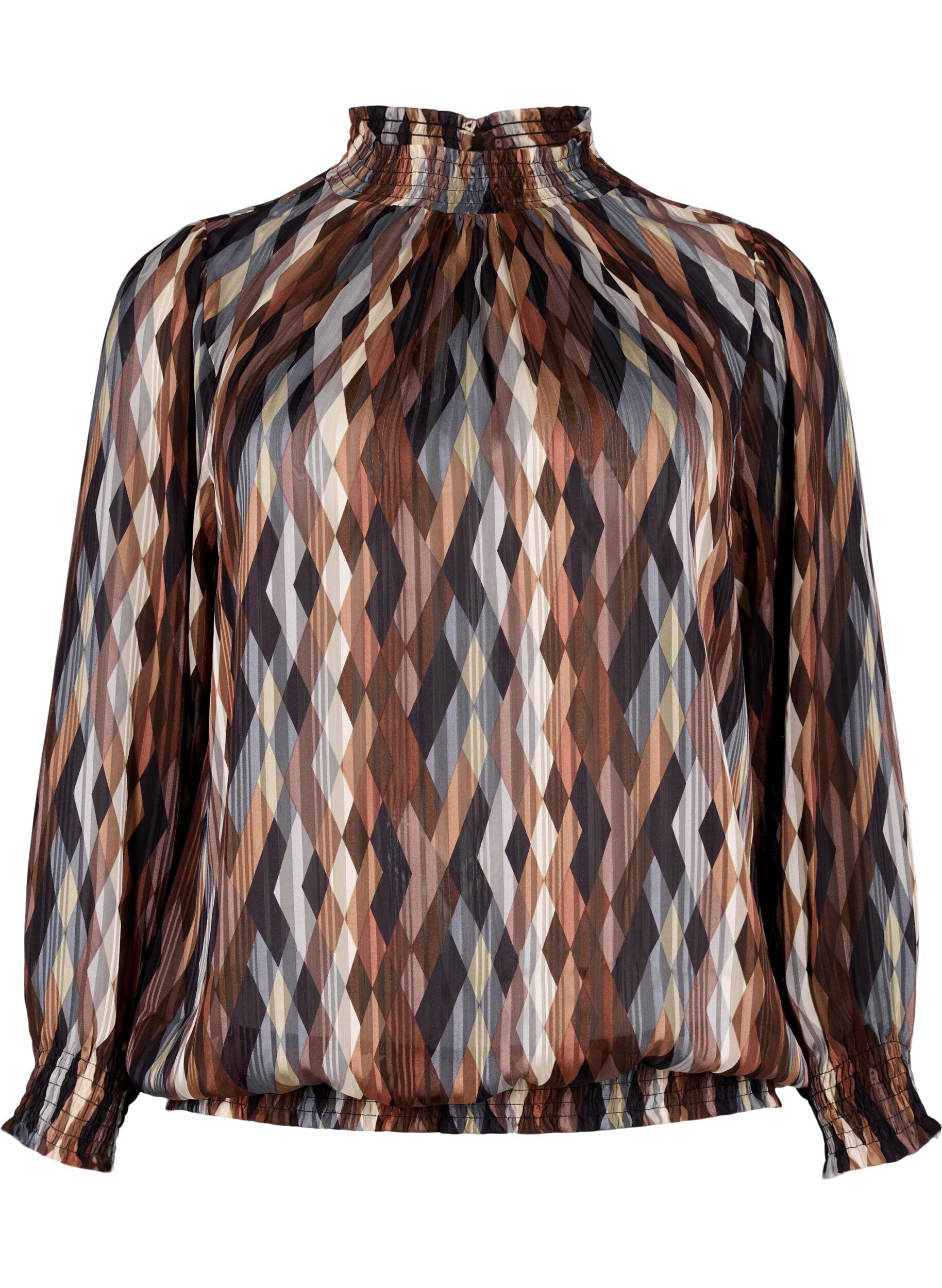 Zizzi Bedruckte Bluse mit Smock, Earthy Zig Zag, Packshot image number 0