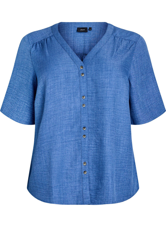 Hemdbluse mit V-Ausschnitt und kurzen &Auml;rmeln, Blau, Packshot image number 0