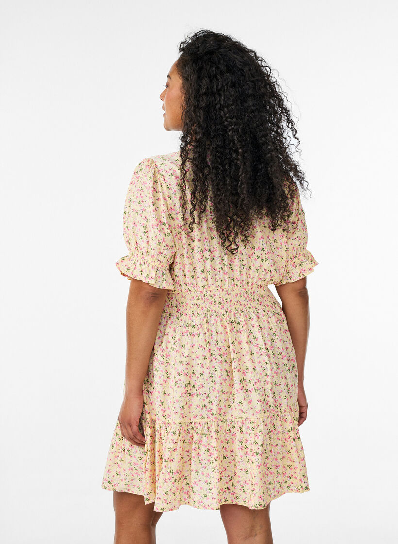 Kurzes Kleid aus Viskose mit R&uuml;schendetails, Gelb, Model image number 2