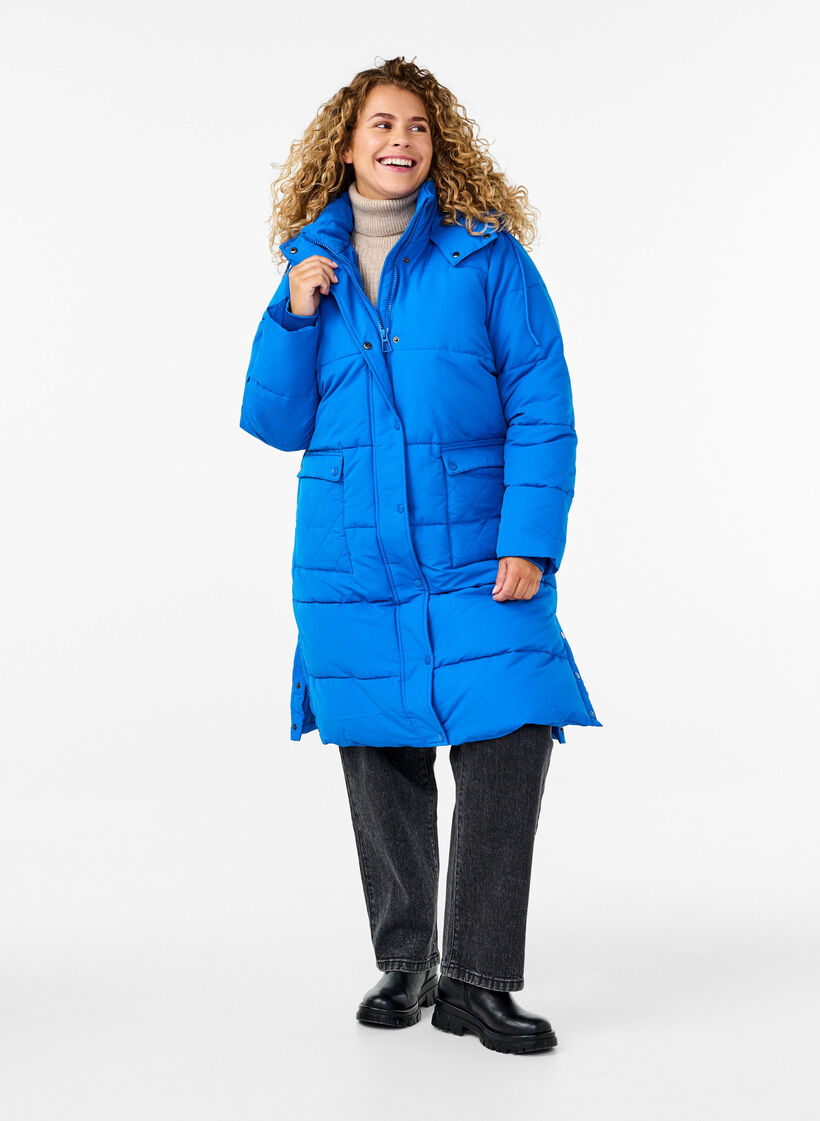 Lange Pufferjacke mit Taschen und Kapuze, Blau, Model image number 1