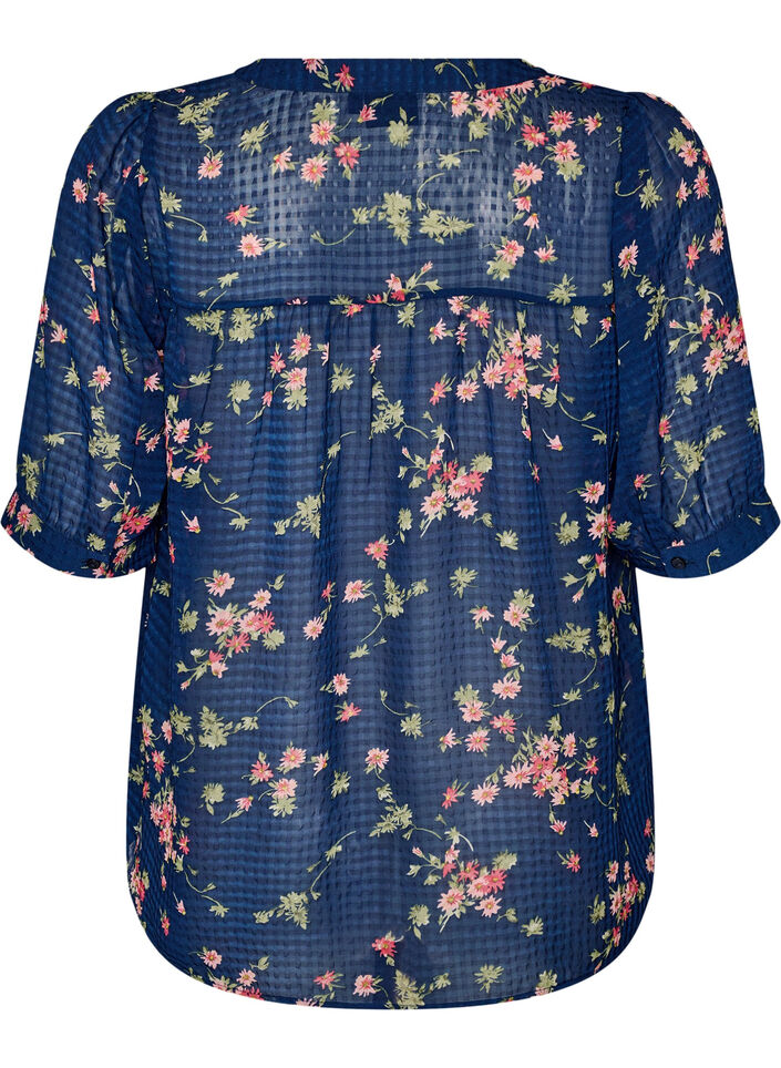 Gebl&uuml;mte Bluse mit V-Ausschnitt, Blau, Packshot image number 1