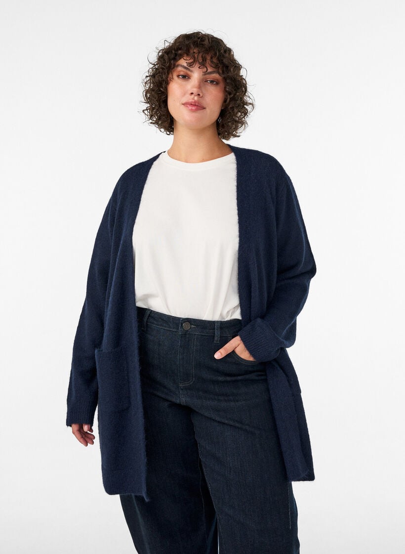 Lange Strickjacke mit Taschen, Blau, Model image number 0