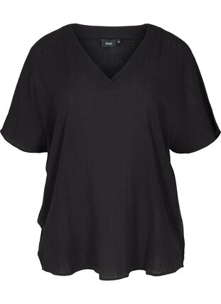 Kurzarm Bluse aus Baumwolle mit V-Ausschnitt, Black, Packshot image number 0