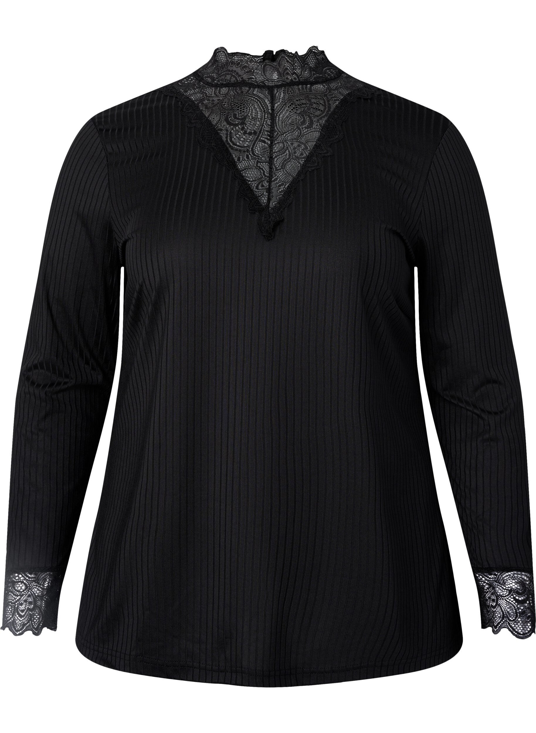 Zizzi Bluse mit Spitze und langen &Auml;rmeln, Black, Packshot image number 0
