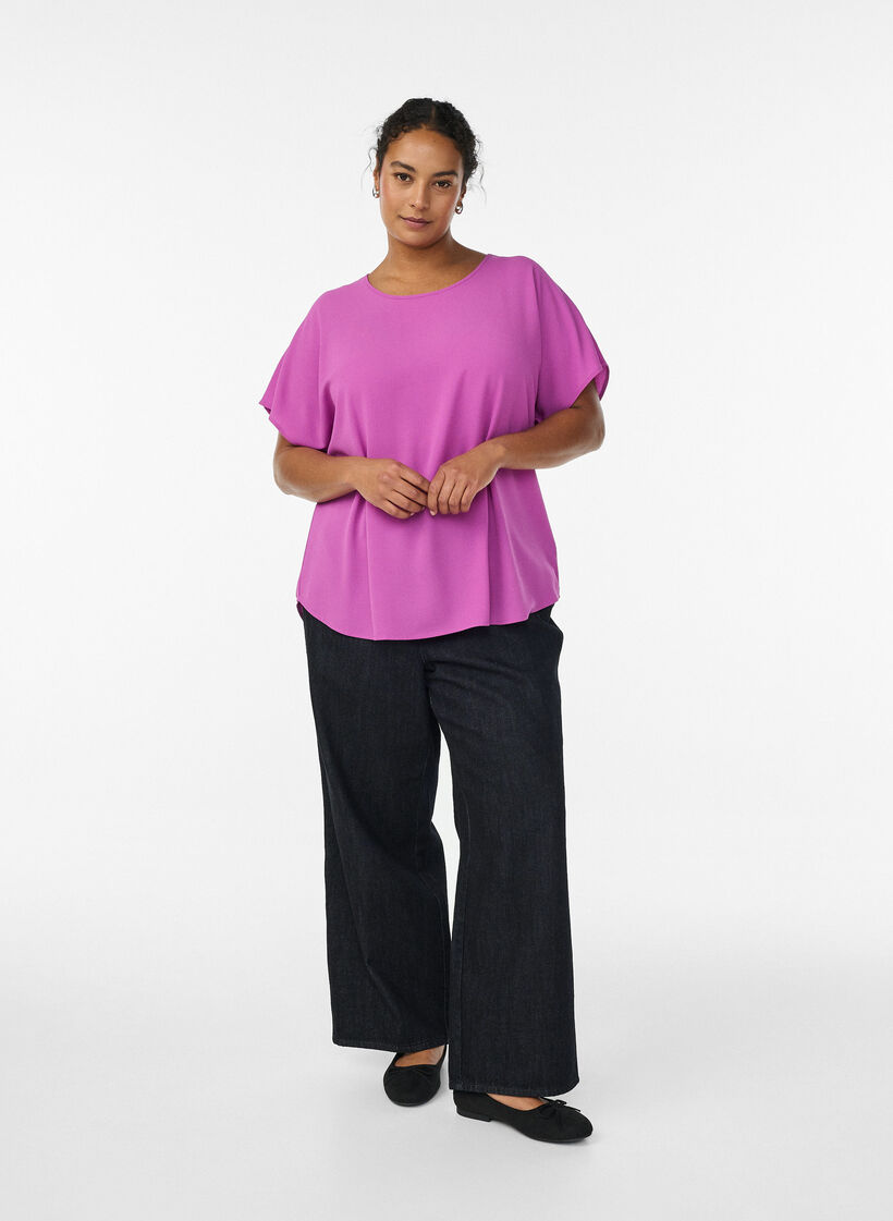 Bluse mit kurzen &Auml;rmeln und Rundhalsausschnitt, Lila, Model image number 1