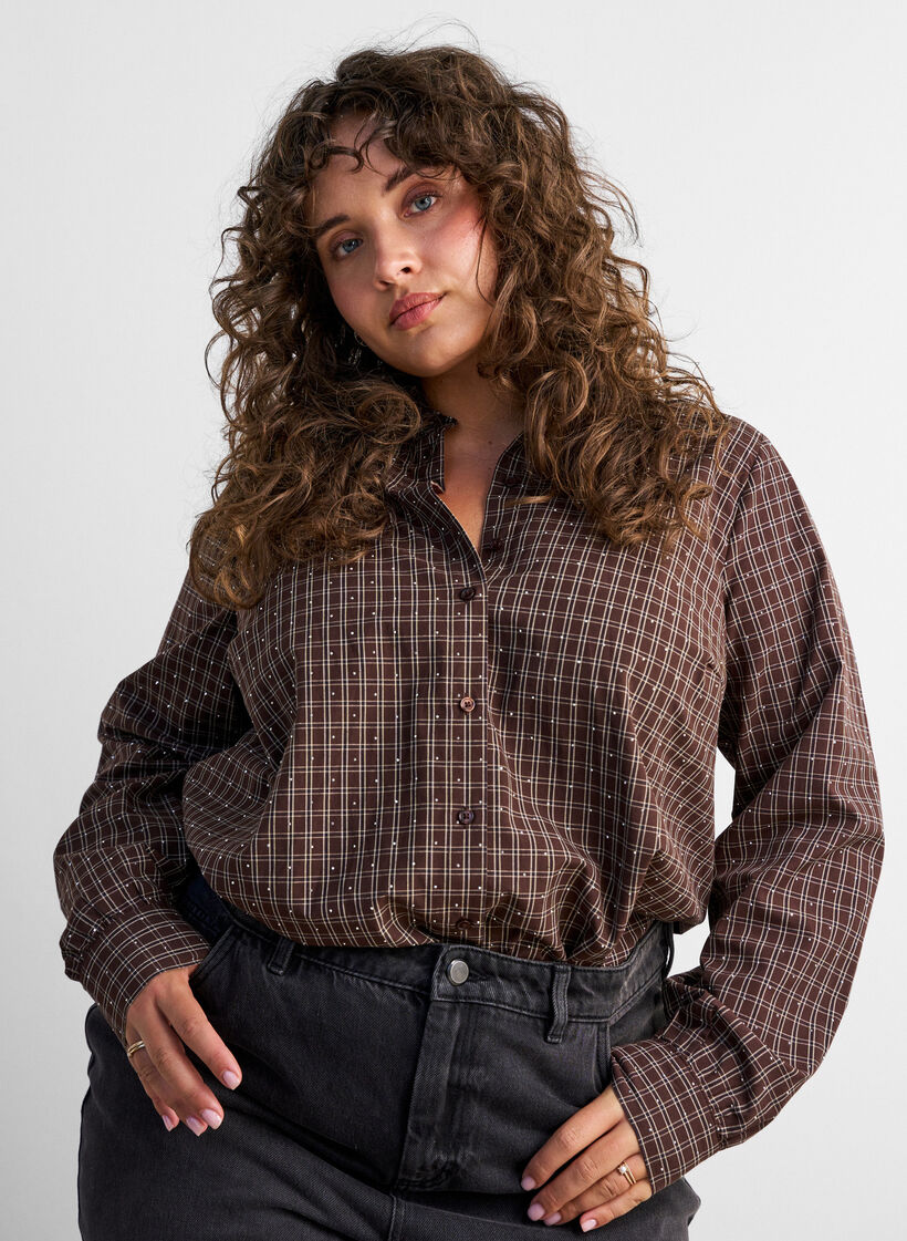 Kariertes Hemd mit Strasssteinen, Braun, Model image number 0