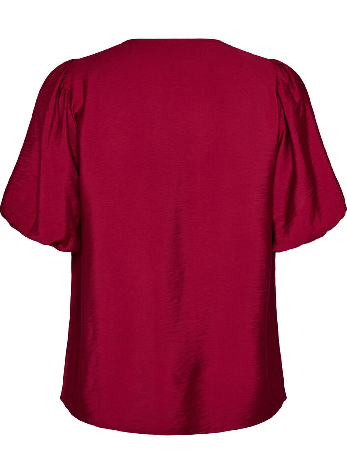 Bluse mit Ballon&auml;rmeln und V-Ausschnitt, Rot, Packshot image number 1