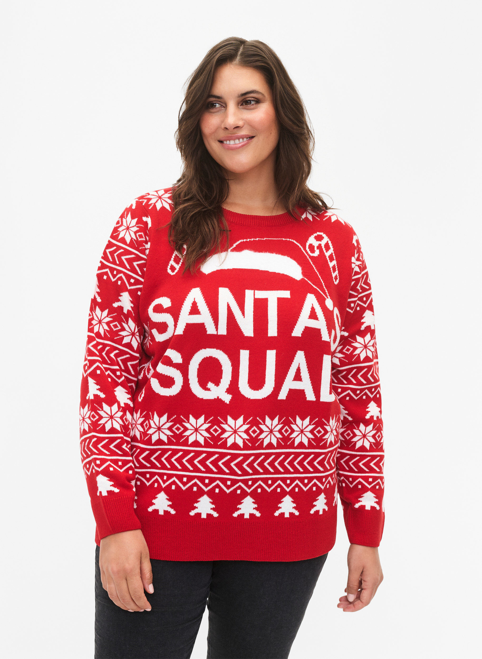 Zizzi Pullover mit Weihnachtsmuster, Tango Red, Model image number 0