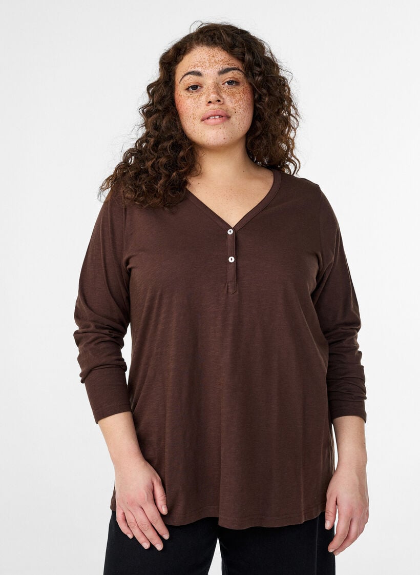 Langarmshirt mit V-Ausschnitt und Kn&ouml;pfen, Braun, Model image number 0