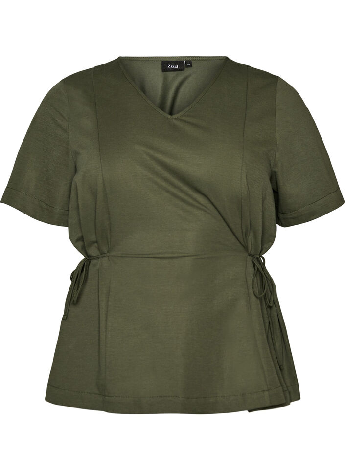 Bluse aus einer Baumwollmischung mit V-Ausschnitt und Bindeband, Gr&uuml;n, Packshot image number 0