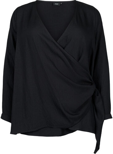 Langärmelige Bluse aus Viskose in Wickeloptik, Black, Packshot image number 0