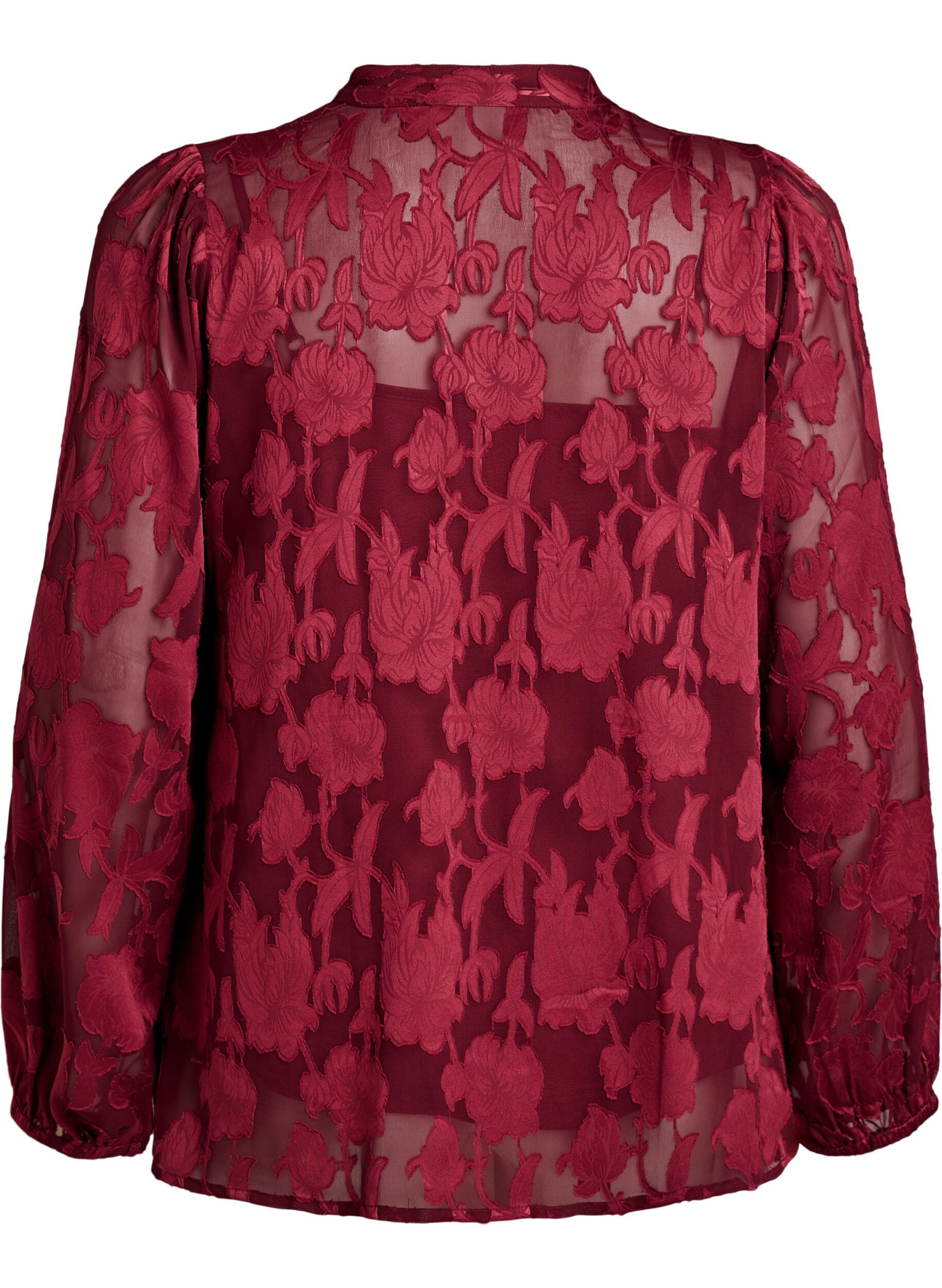 Zizzi Bluse mit Kn&ouml;pfen und Blumenmuster, Dunkles Bordeaux, Packshot image number 1