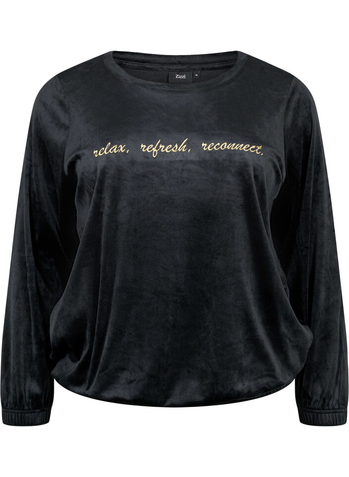 Veloursbluse mit aufgesticktem Text, Black, Packshot image number 0