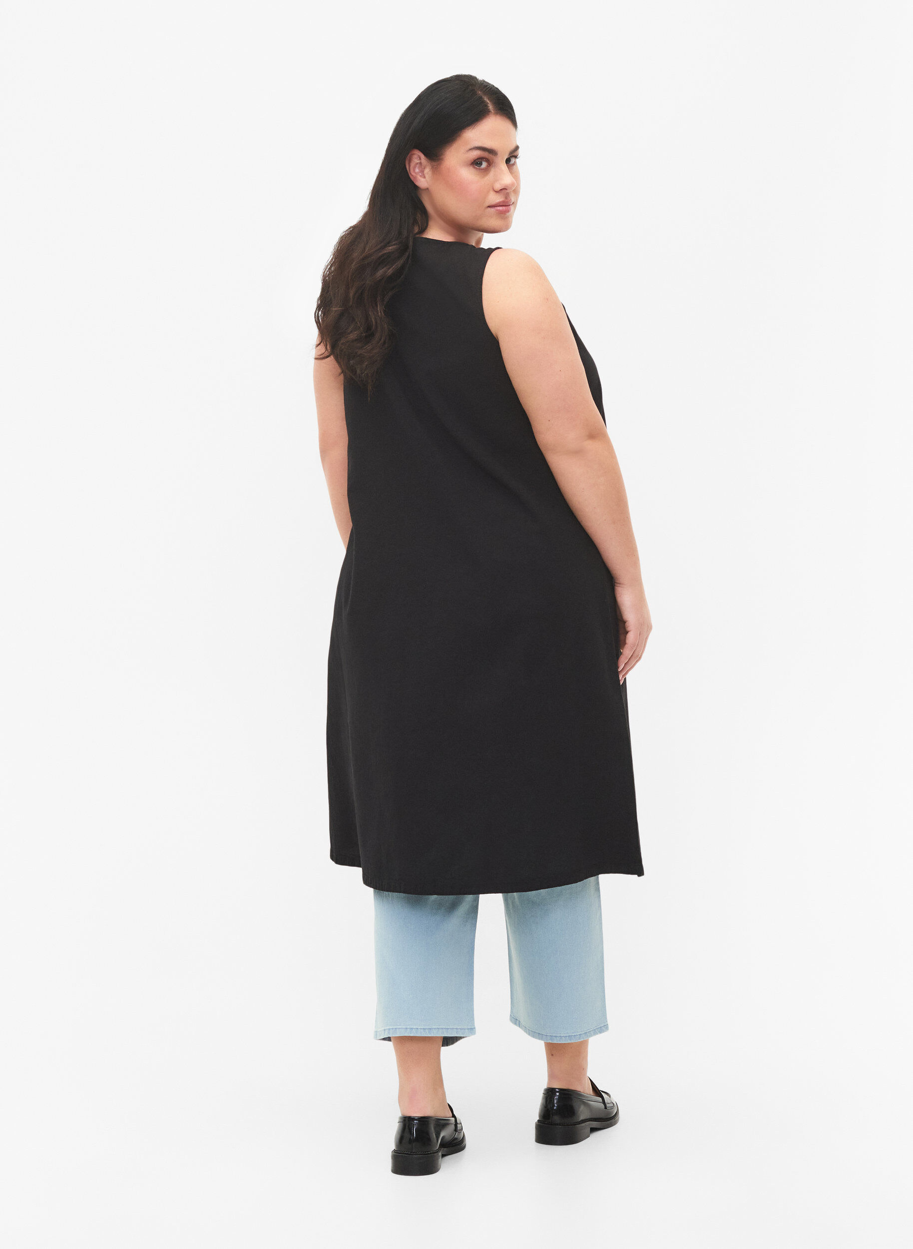 Zizzi &Auml;rmelloses Baumwollkleid mit A-Linie, Black, Model image number 1