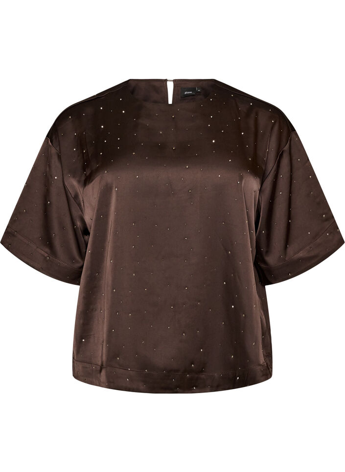 Satinbluse mit Strasssteinen und ellenbogenlangen &Auml;rmeln, Braun, Packshot image number 0