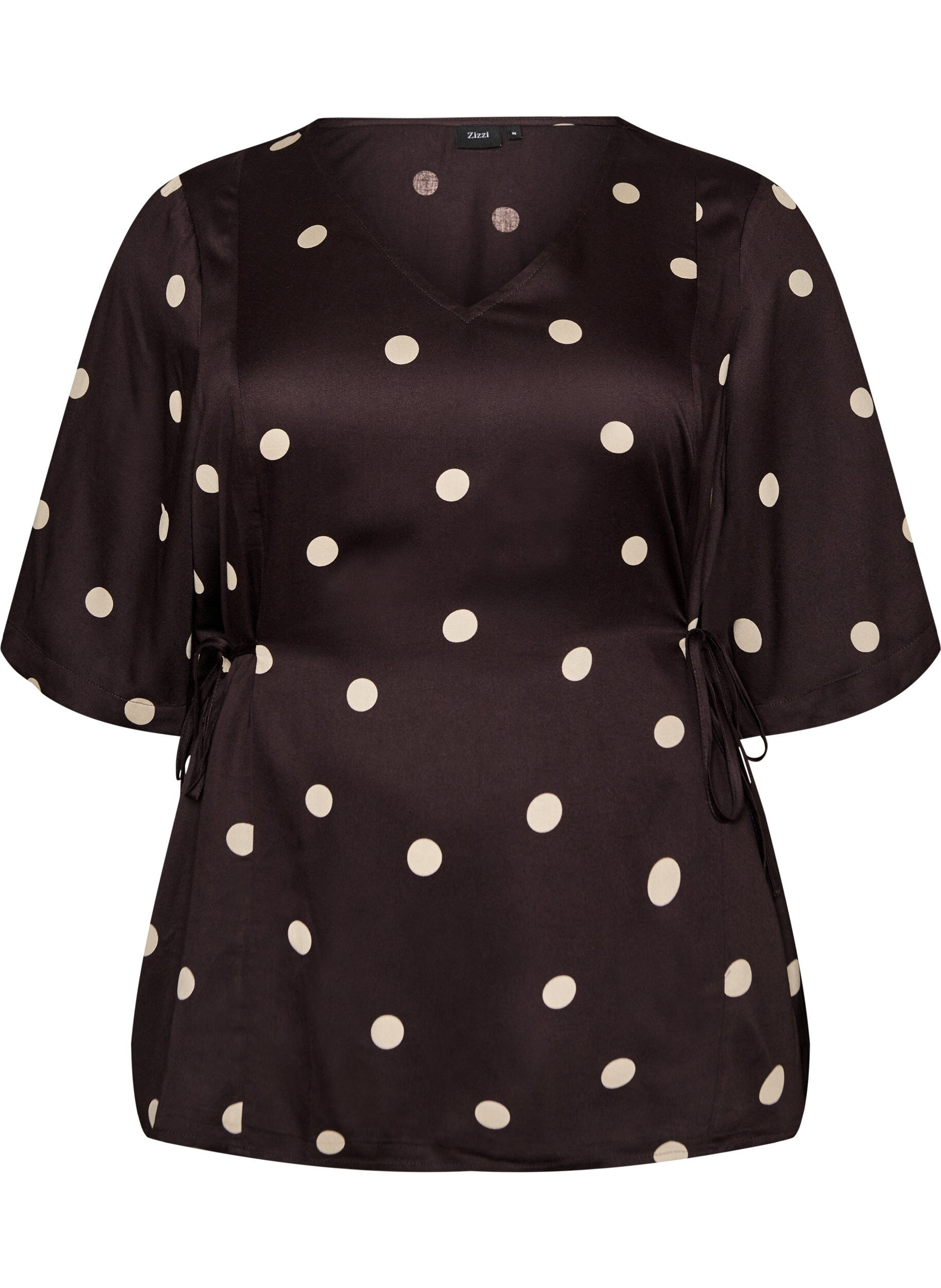 ZizziGepunktete Bluse aus Viskose mit V-Ausschnitt und Bindeband, Braun, Packshot image number 0
