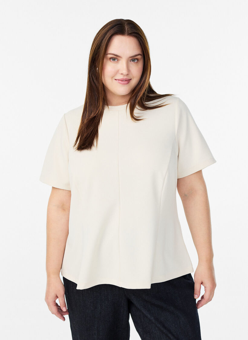 Kurzärmelige Bluse mit formgebenden Abnähern, Beige, Model image number 0
