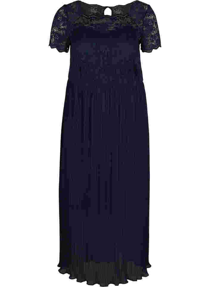 Kurzarm Kleid mit Plissee und Spitze, Night Sky, Packshot image number 0