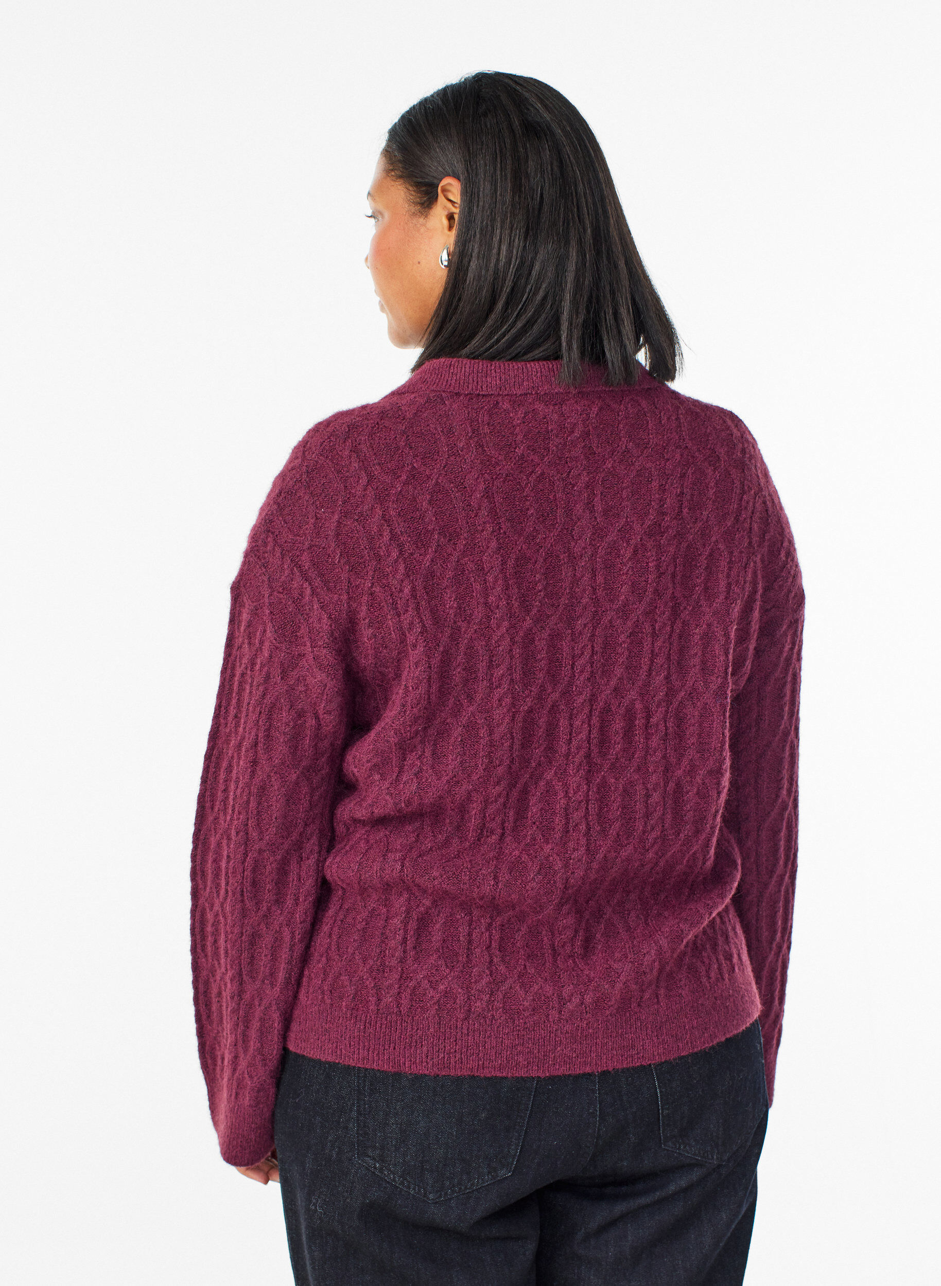 Zizzi Zopfmusterpullover mit Polokragen, Dunkles Bordeaux, Model image number 2
