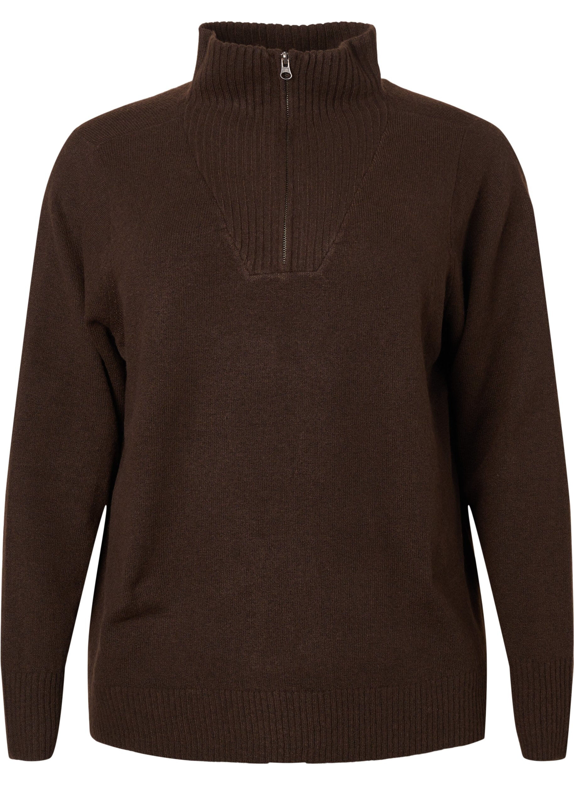 Zizzi Strickpullover mit Rei&szlig;verschluss, Demitasse/Black Mel., Packshot image number 0