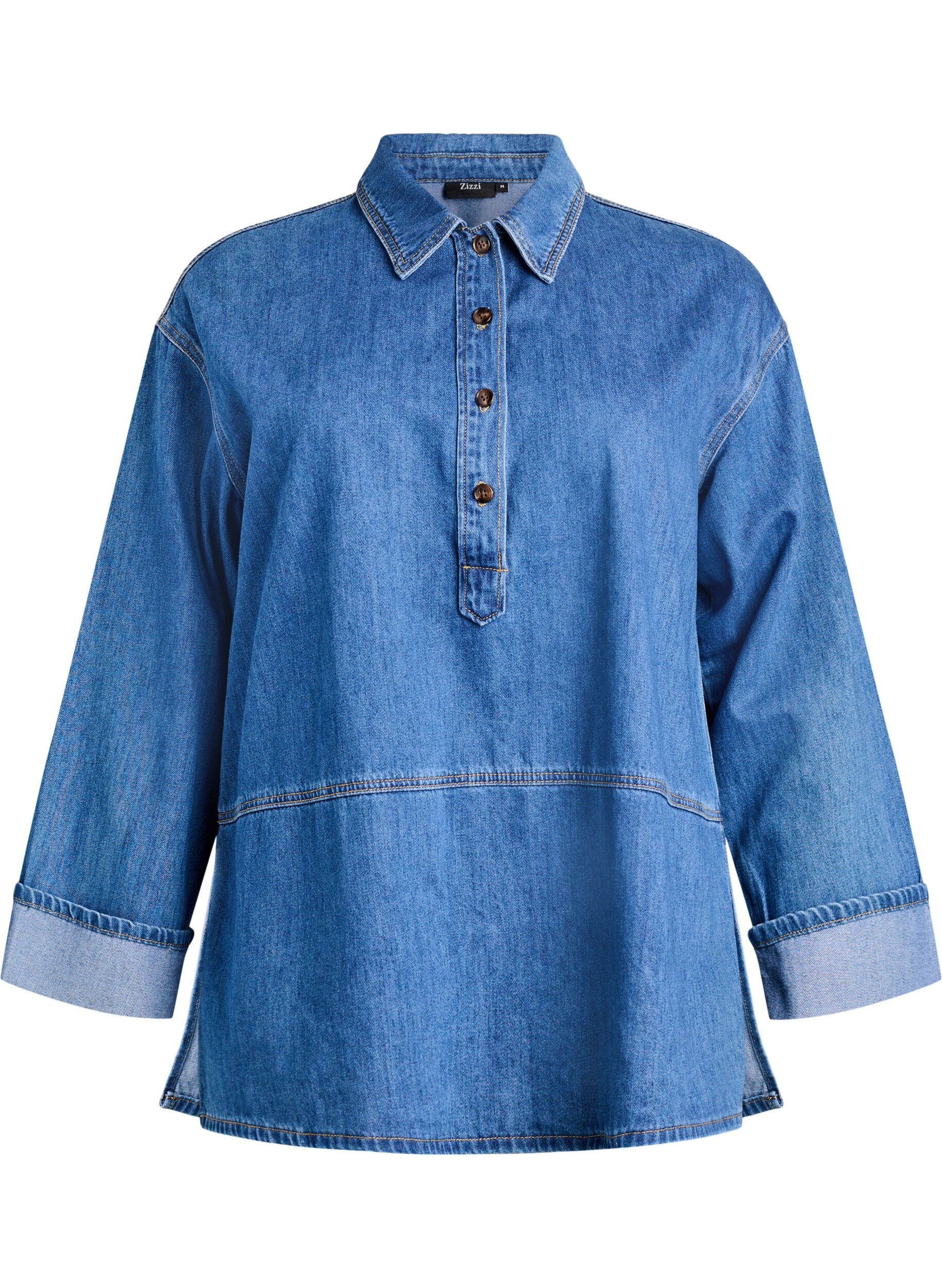 Zizzi Lockere Bluse aus Denim mit Kragen und Knopfleiste, Blau, Packshot image number 0