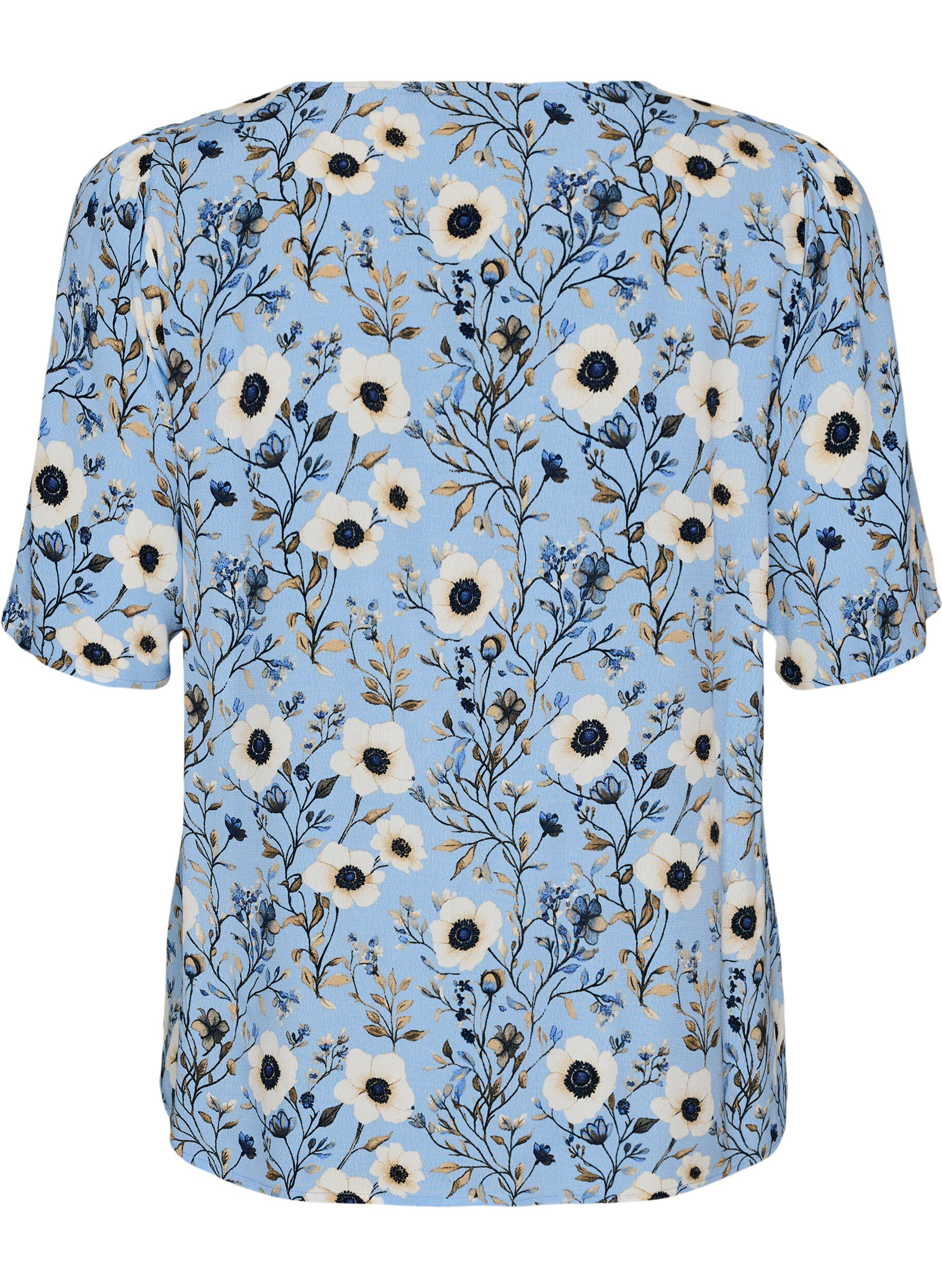 ZizziGebl&uuml;mte Bluse mit kurzen &Auml;rmeln, Blau, Packshot image number 1