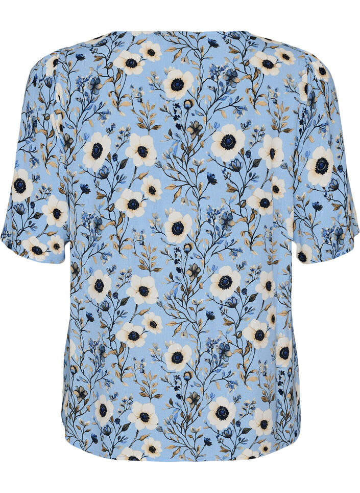 Gebl&uuml;mte Bluse mit kurzen &Auml;rmeln, Blau, Packshot image number 1