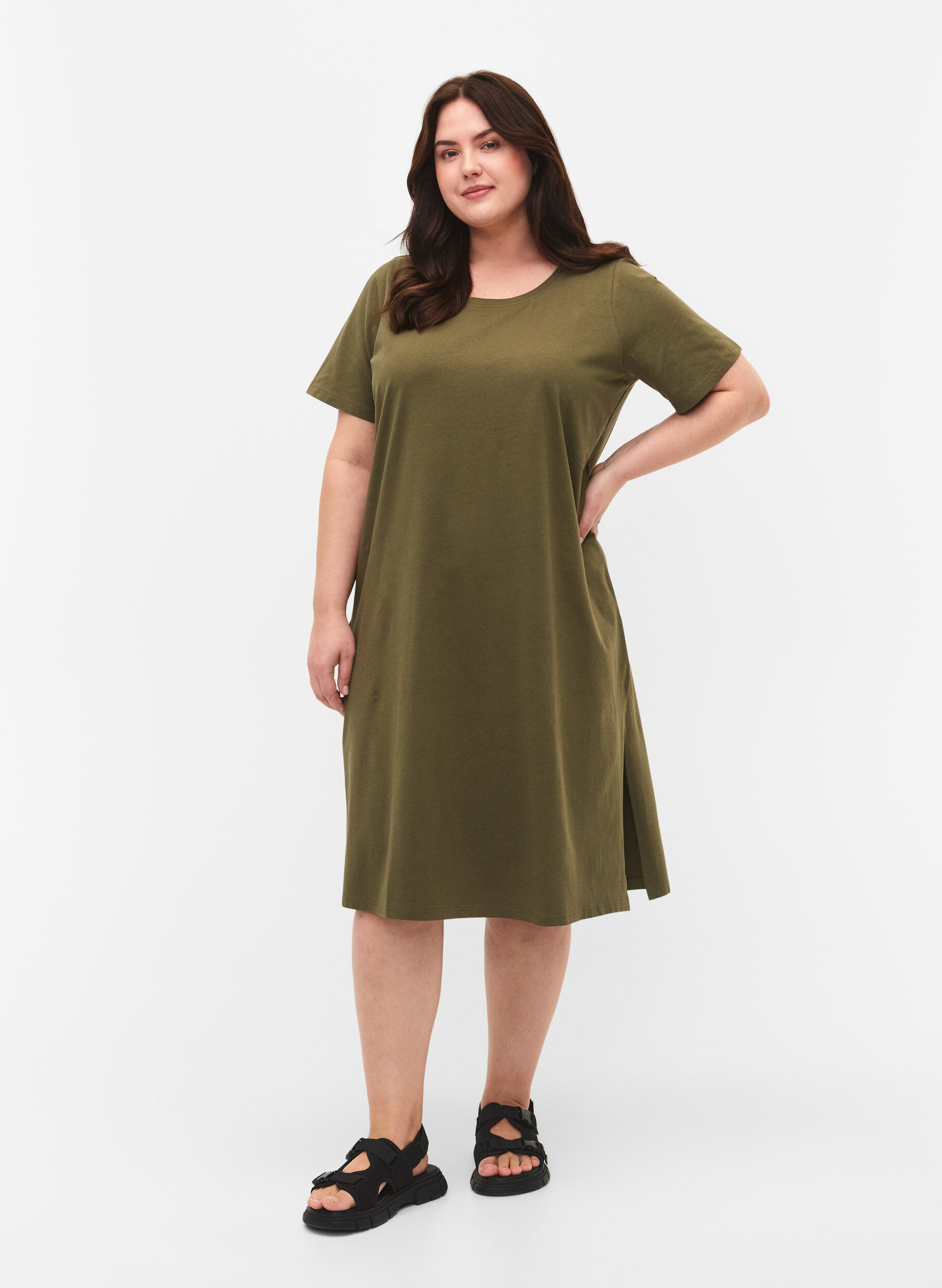 Zizzi Baumwollkleid mit kurzen &Auml;rmeln, Ivy Green, Model image number 1