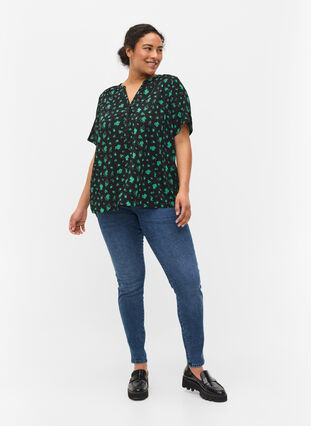 Bluse mit kurzen Ärmeln und V-Ausschnitt, Green Flower AOP, Model image number 2