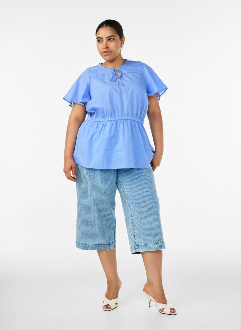 Baumwollbluse mit Bindeband und elastischer Taille, Blau, Model image number 1