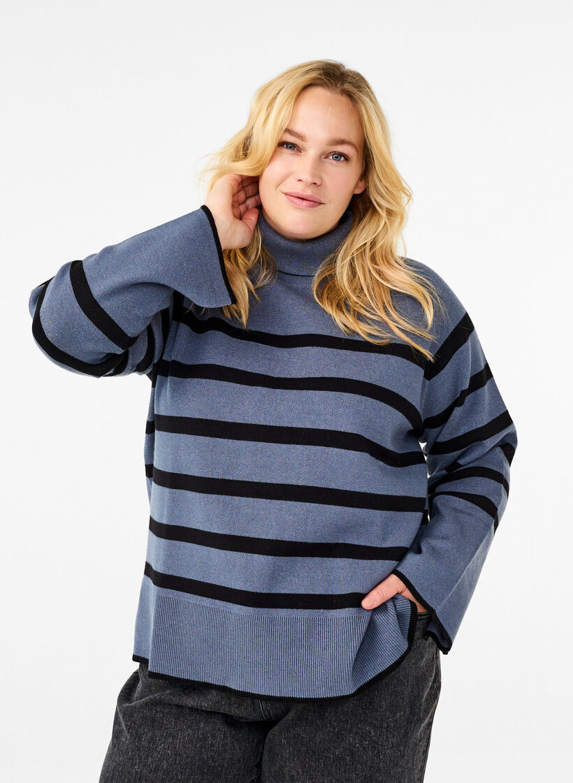 Gestreifter Strickpullover mit Rollkragen, B.Sea w.BlackStripes, Model image number 0