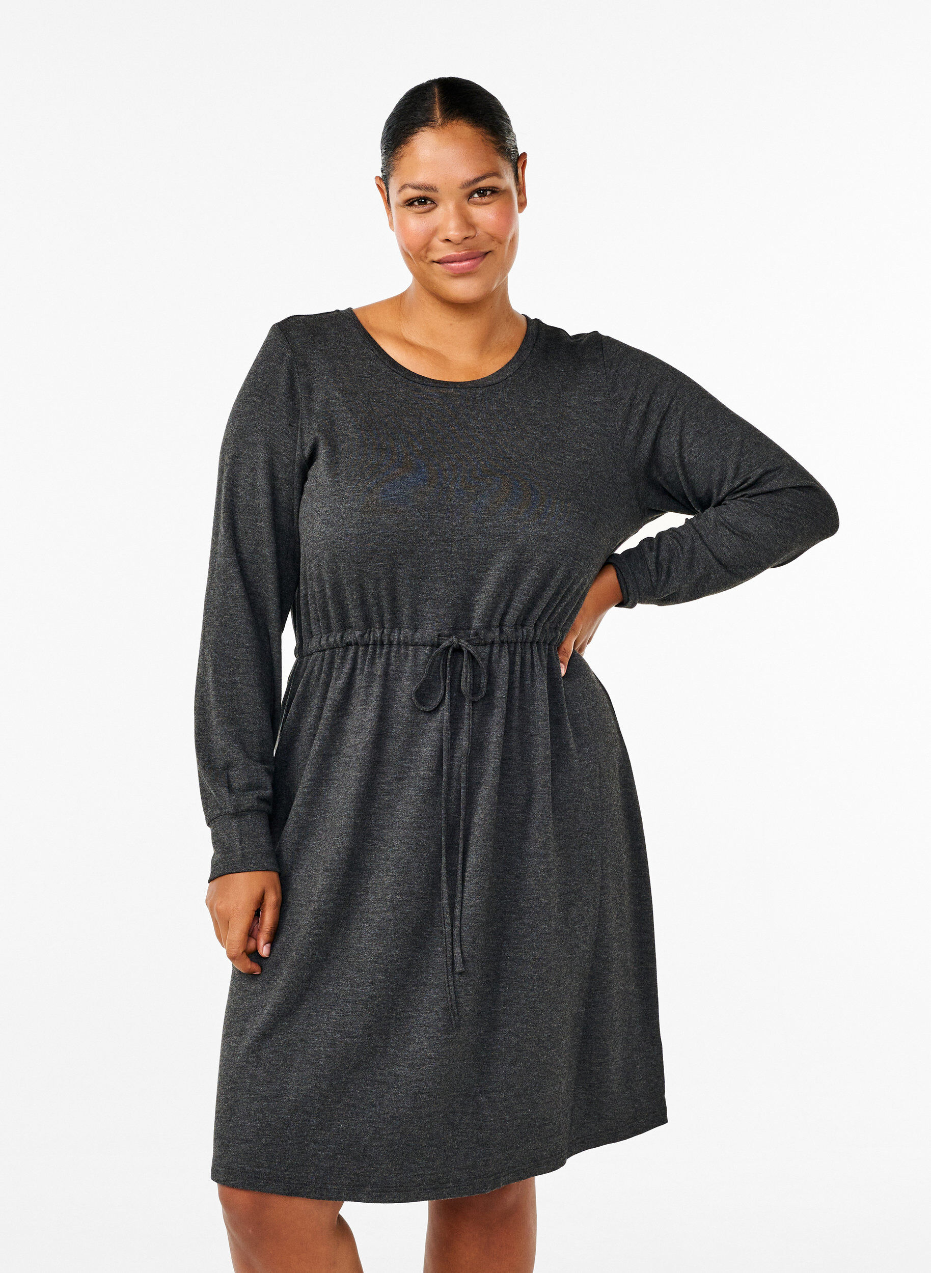 Zizzi Knielanges Jerseykleid mit B&auml;ndern zum Binden, Dark Grey Melange, Model image number 0