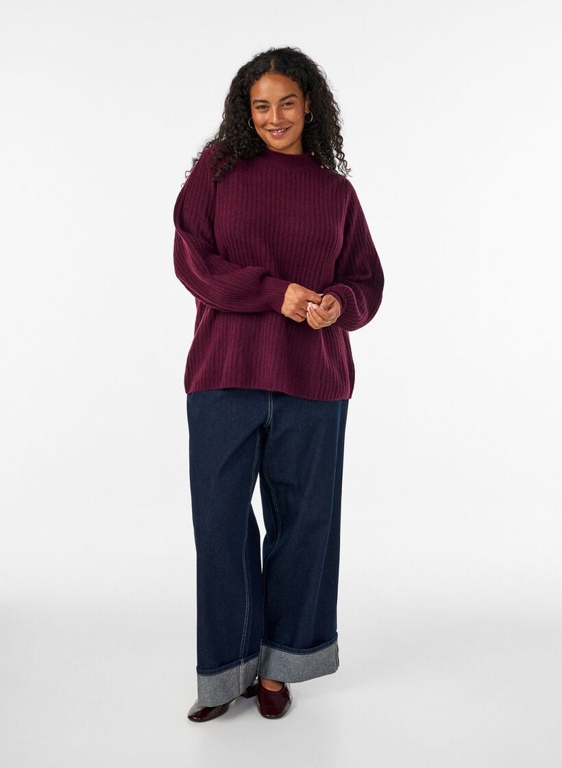 Pullover aus Rippstrick mit Puff&auml;rmeln und Kn&ouml;pfen, Dunkles Bordeaux, Model image number 1
