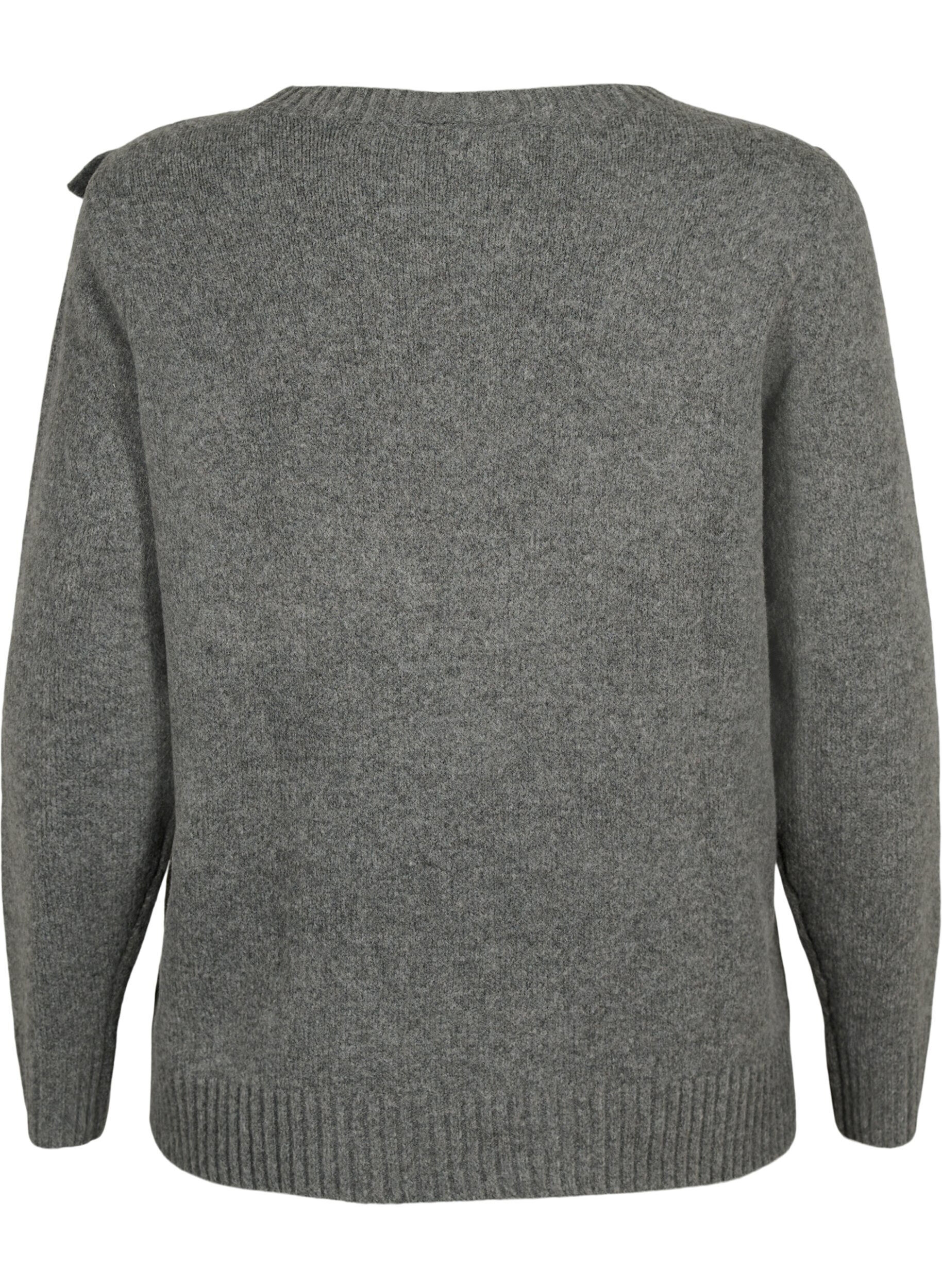 Zizzi Gestrickter Wollpullover mit R&uuml;schendetail, Dark Grey Melange, Packshot image number 1