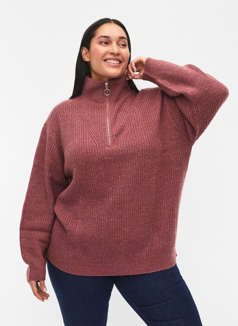 FLASH – Strickpullover mit hohem Kragen und Reißverschluss, Rot, Model image number 0