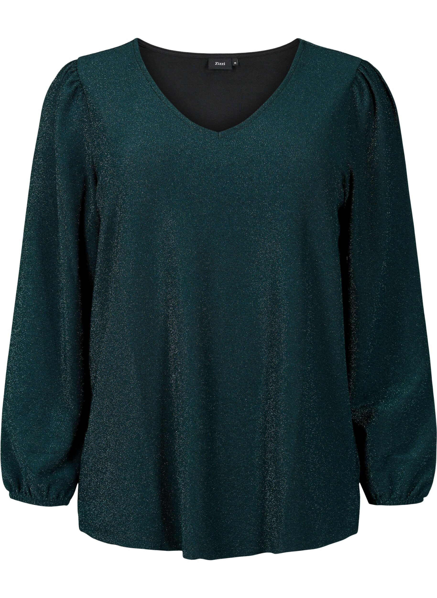 Zizzi  Glitzerbluse mit Puff&auml;rmeln, Black Scarab, Packshot image number 0