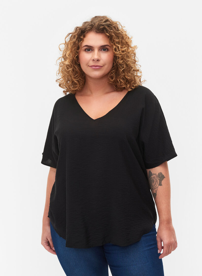 Viskose Bluse mit kurzen Ärmeln und V-Ausschnitt, Black, Model image number 0