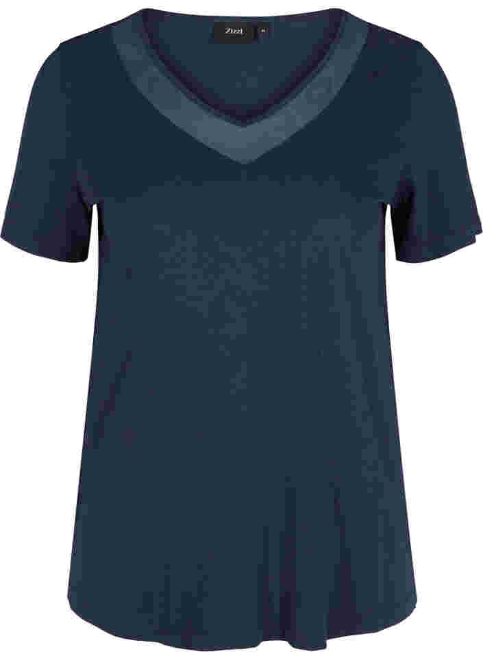 Kurzarm T-Shirt mit V-Ausschnitt und Mesh, Navy Blazer, Packshot image number 0