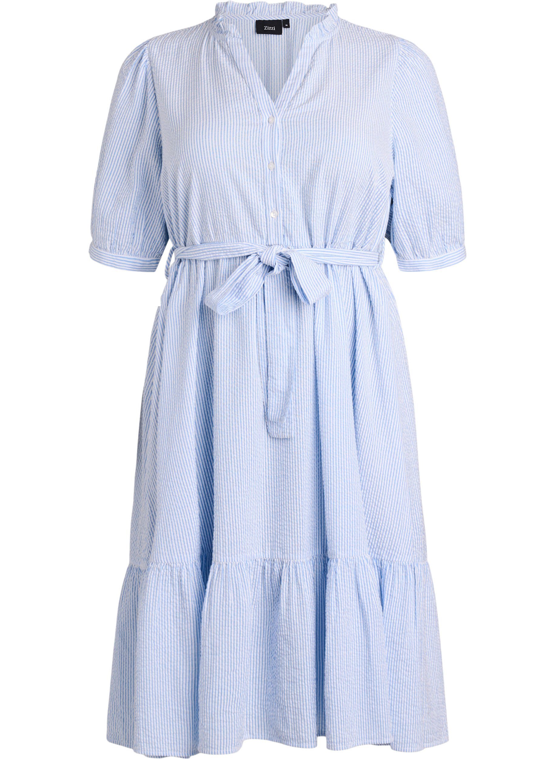 ZizziGestreiftes Midikleid aus Baumwolle mit einem Bindeg&uuml;rtel, Wei&szlig;, Packshot image number 0