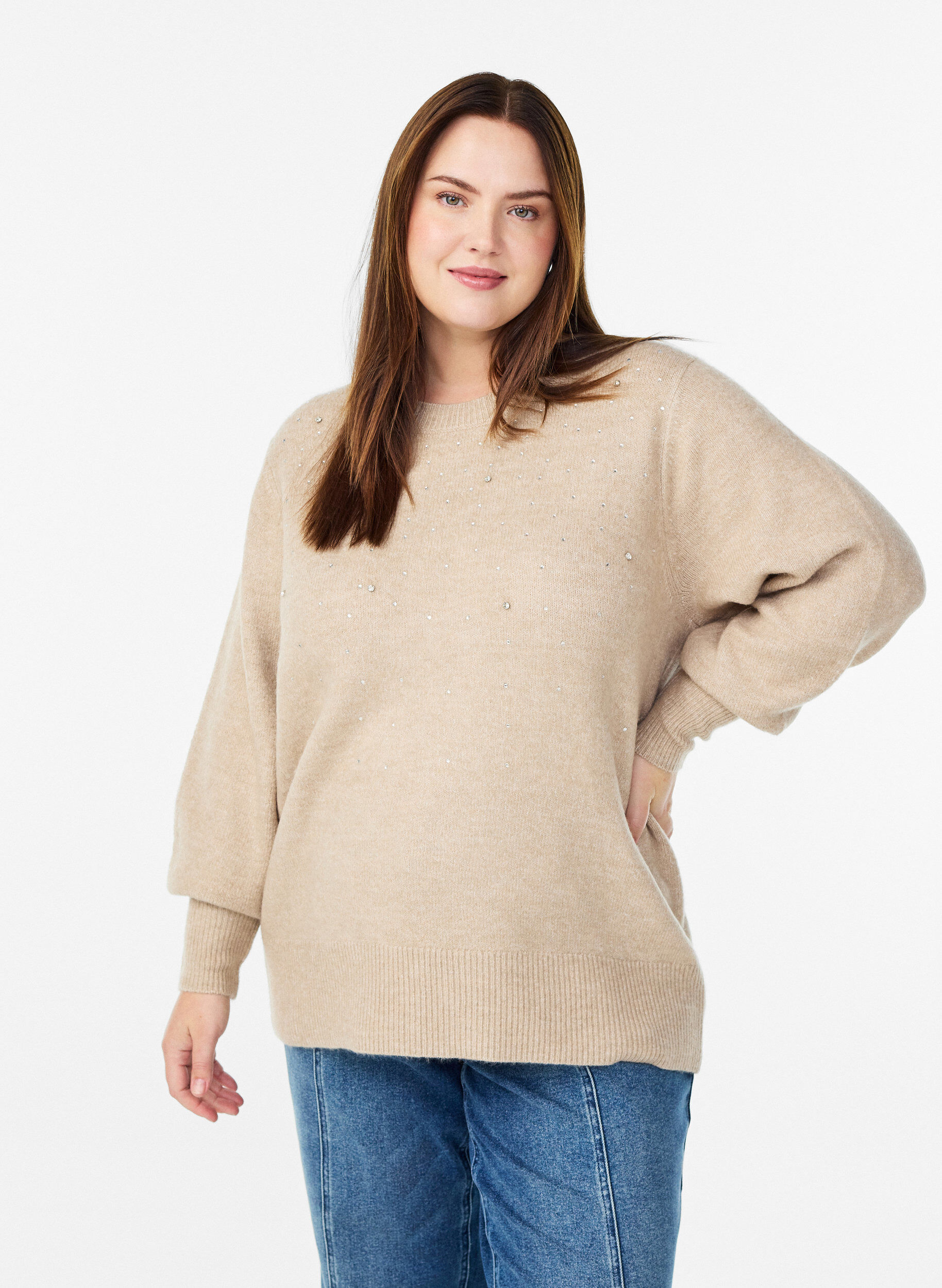 Strickbluse mit Strasssteinen, Beige, Model